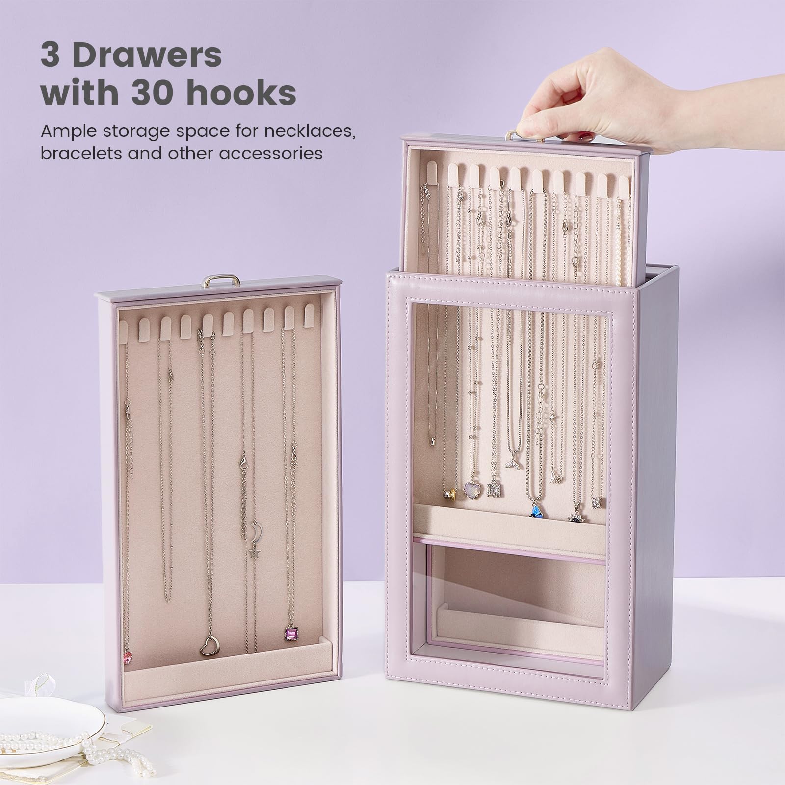 3-Layer Necklace Organizer Box with Clear Lid