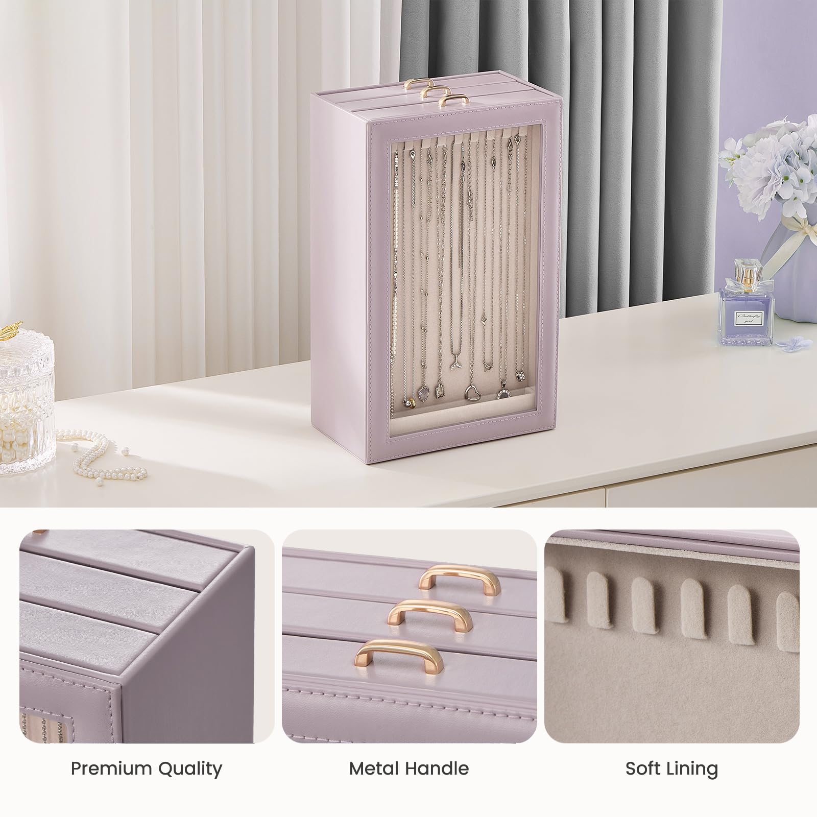 3-Layer Necklace Organizer Box with Clear Lid