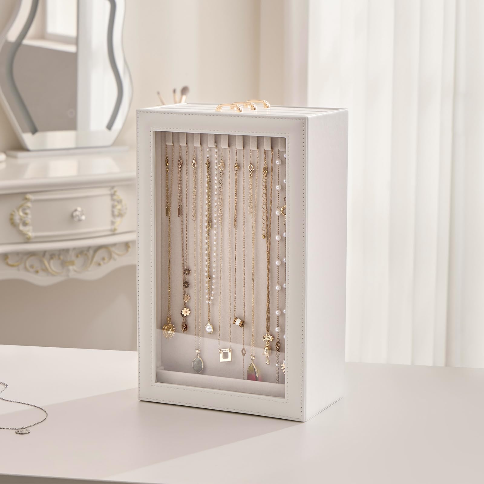 3-Layer Necklace Organizer Box with Clear Lid