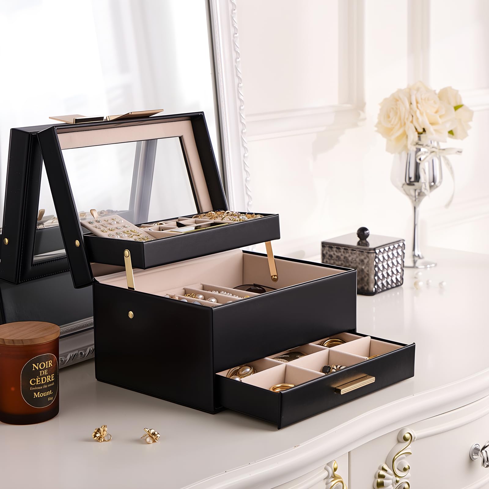 Luxury Jewelry Storage Case with Auto-Lift Tray & Drawers
