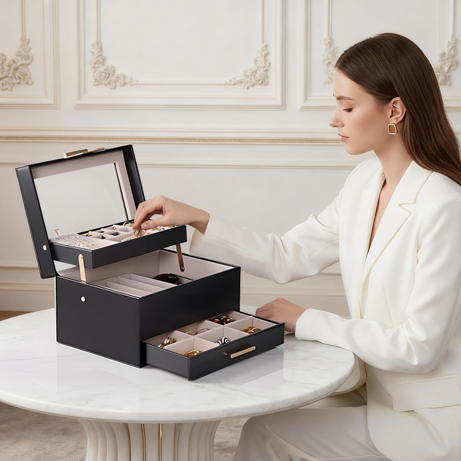 Luxury Jewelry Storage Case with Auto-Lift Tray & Drawers