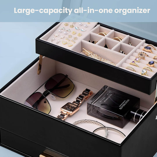 Luxury Jewelry Storage Case with Auto-Lift Tray & Drawers