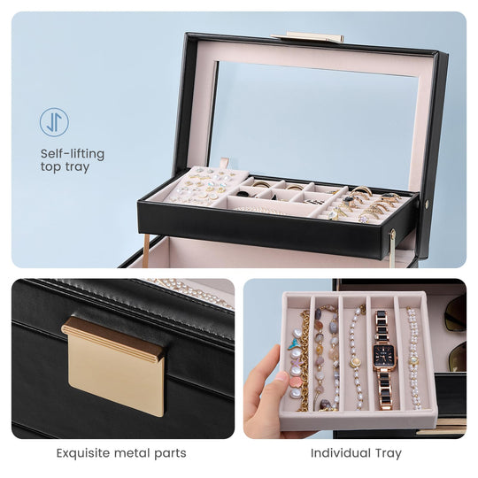 Luxury Jewelry Storage Case with Auto-Lift Tray & Drawers