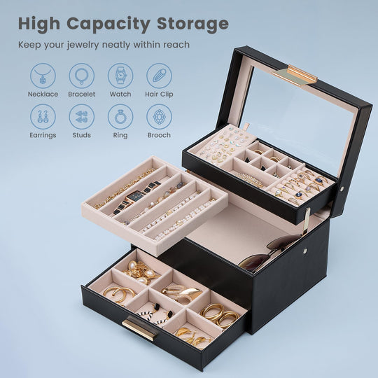 Luxury Jewelry Storage Case with Auto-Lift Tray & Drawers