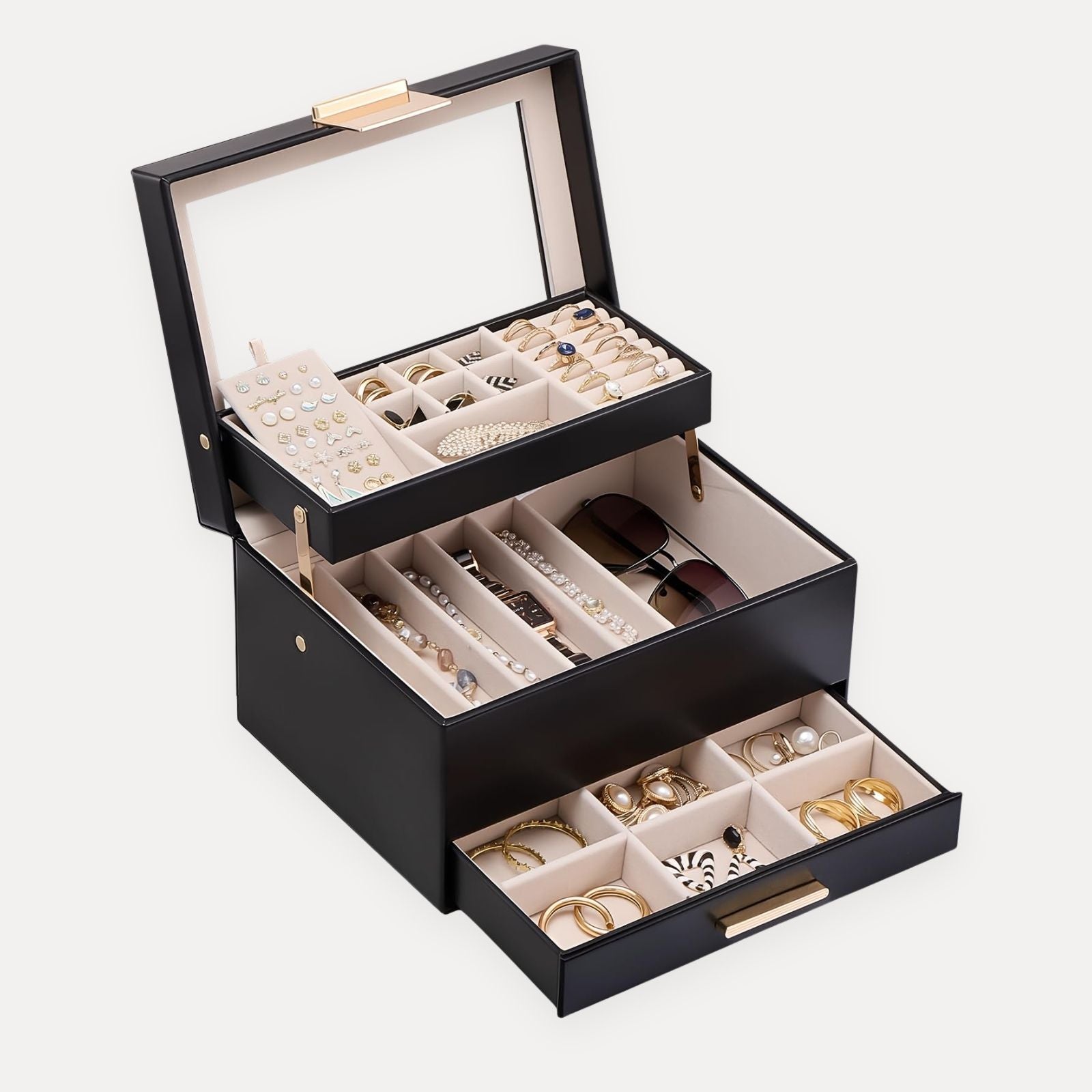 Luxury Jewelry Storage Case with Auto-Lift Tray & Drawers
