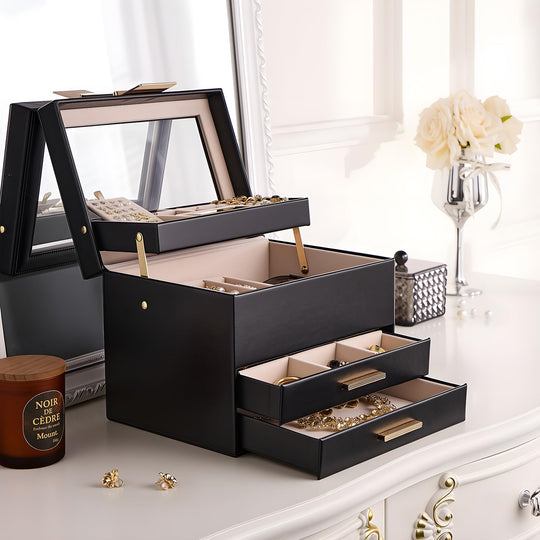 Luxury Jewelry Storage Case with Auto-Lift Tray & Drawers