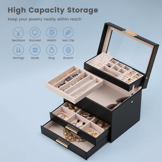 Luxury Jewelry Storage Case with Auto-Lift Tray & Drawers