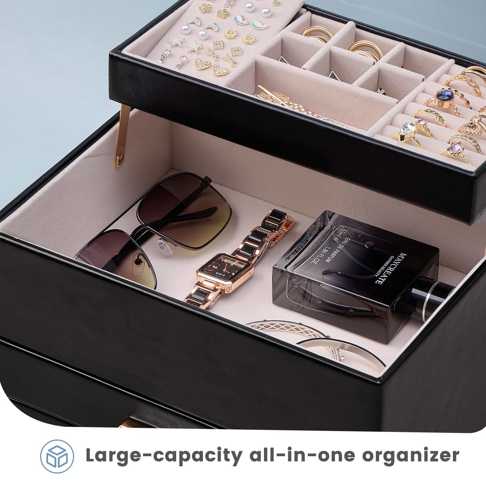 Luxury Jewelry Storage Case with Auto-Lift Tray & Drawers