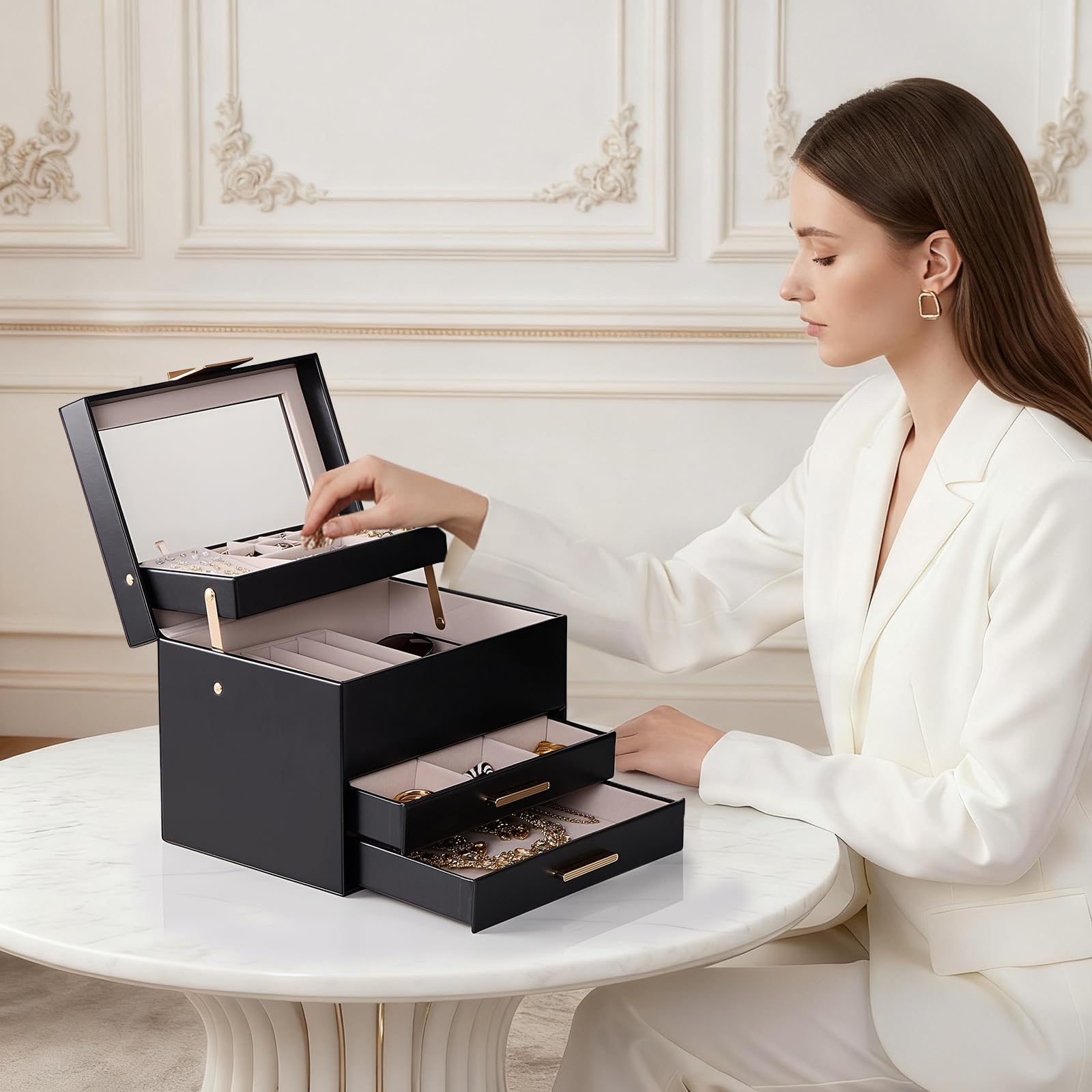 Luxury Jewelry Storage Case with Auto-Lift Tray & Drawers