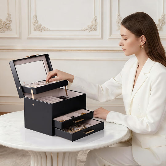 Luxury Jewelry Storage Case with Auto-Lift Tray & Drawers