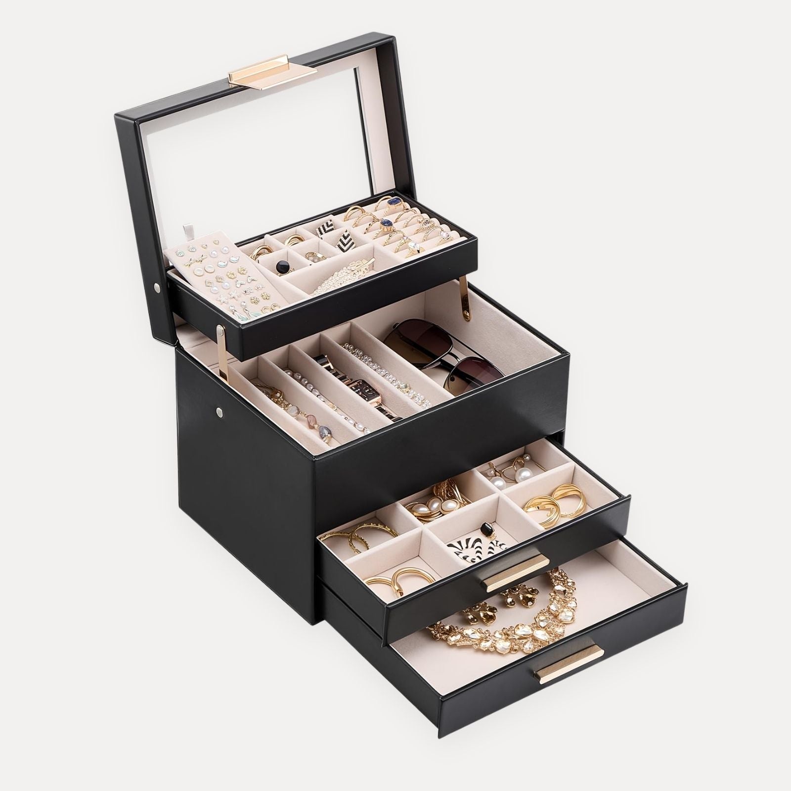 Luxury Jewelry Storage Case with Auto-Lift Tray & Drawers