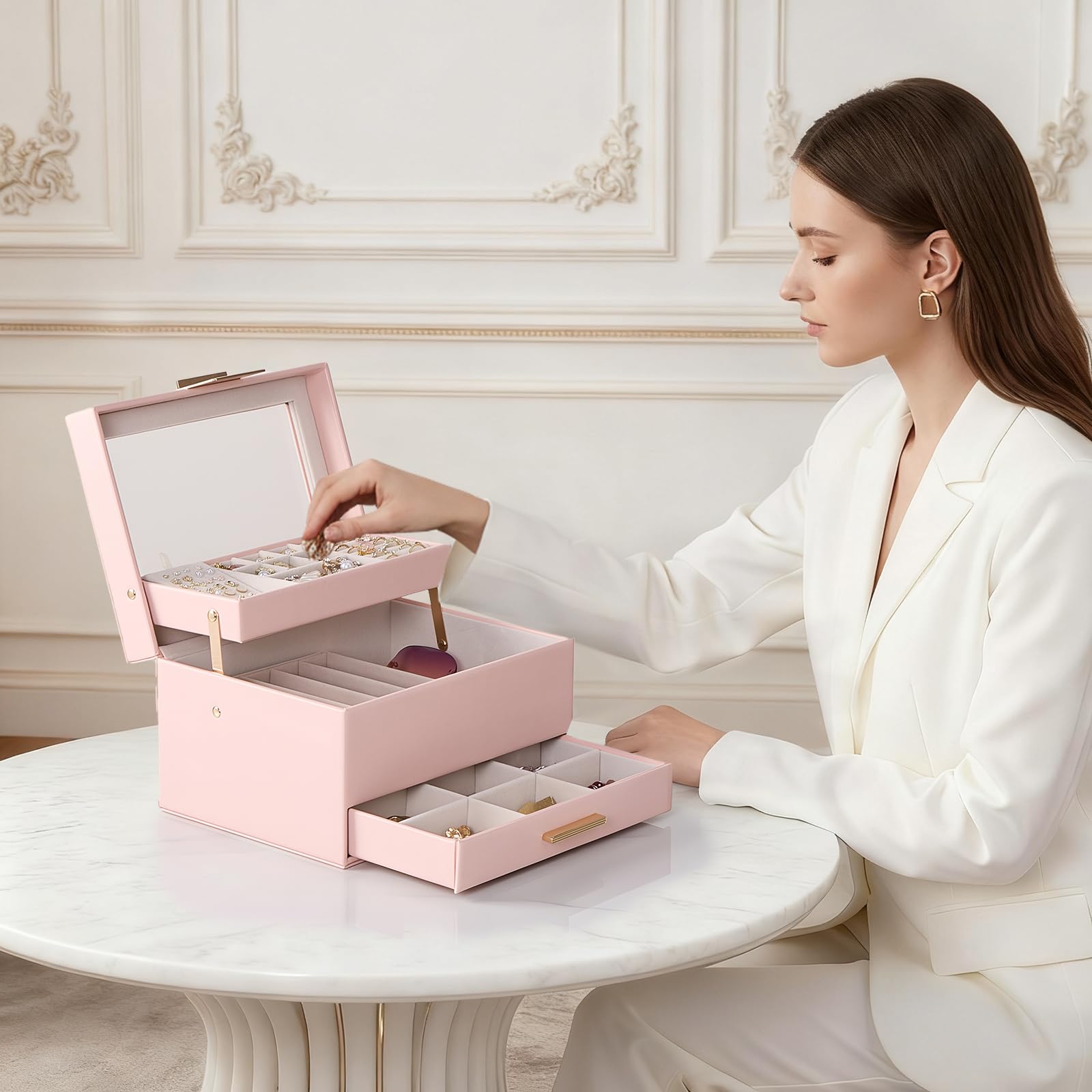 Luxury Jewelry Storage Case with Auto-Lift Tray & Drawers