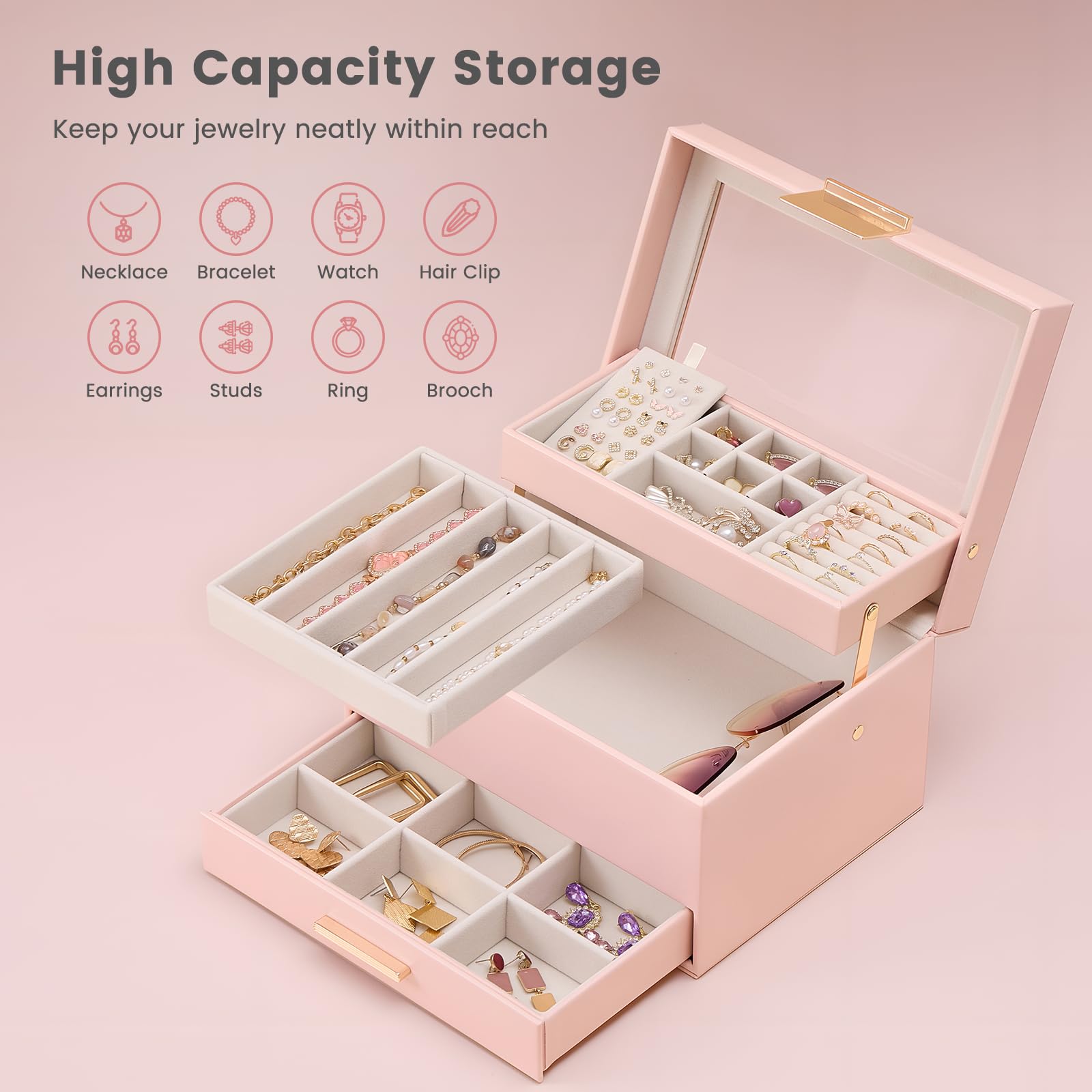 Luxury Jewelry Storage Case with Auto-Lift Tray & Drawers