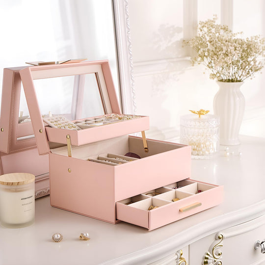 Luxury Jewelry Storage Case with Auto-Lift Tray & Drawers