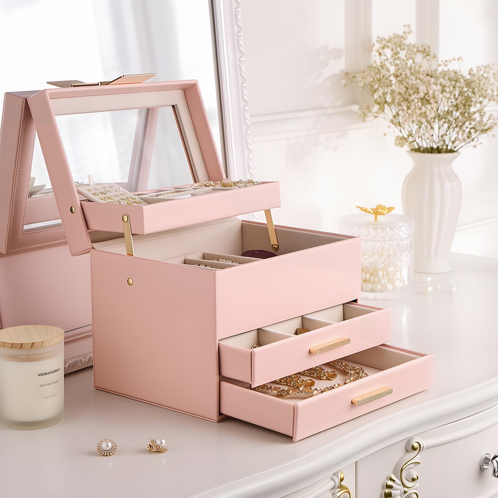 Luxury Jewelry Storage Case with Auto-Lift Tray & Drawers