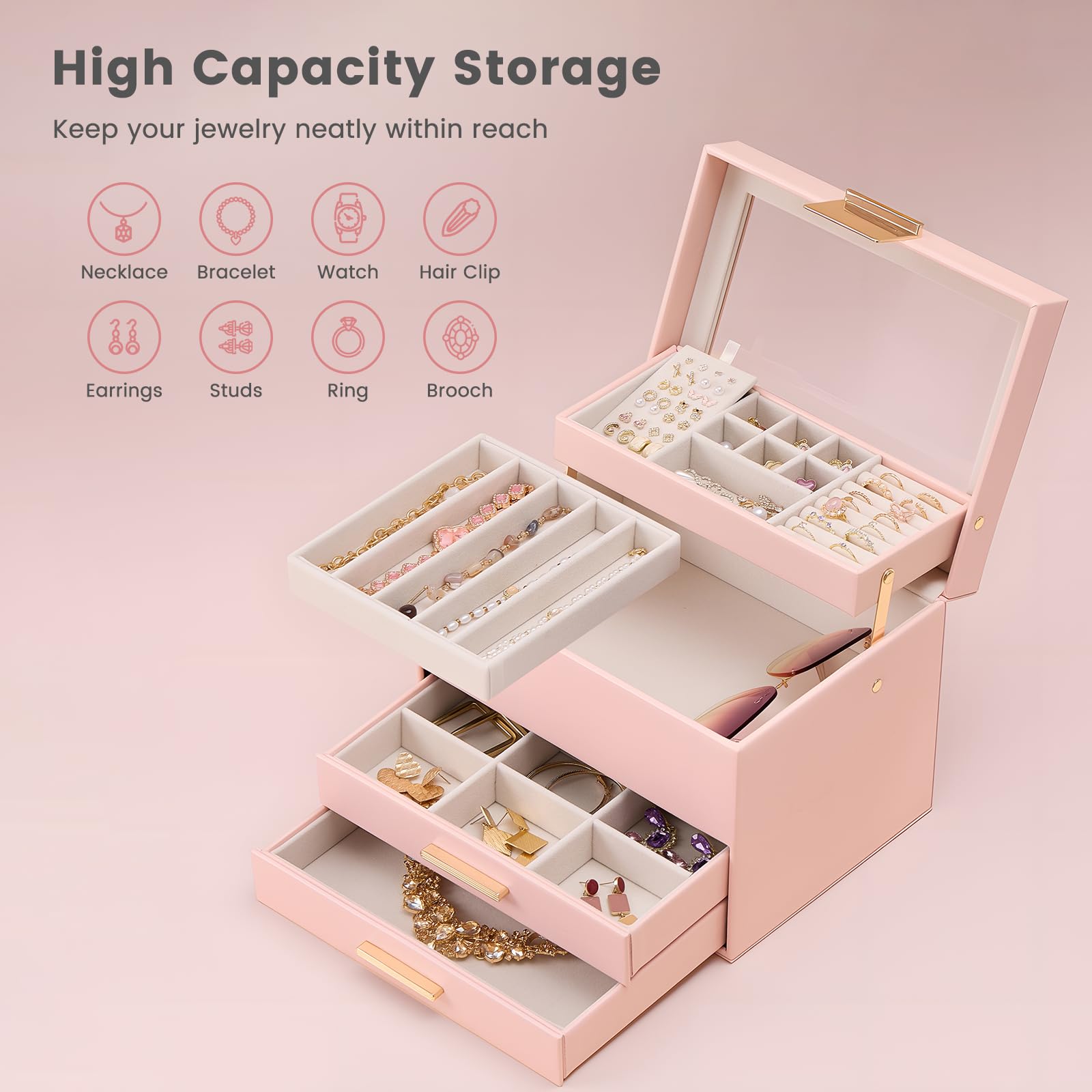 Luxury Jewelry Storage Case with Auto-Lift Tray & Drawers