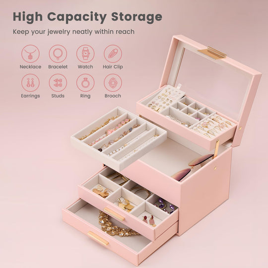 Luxury Jewelry Storage Case with Auto-Lift Tray & Drawers