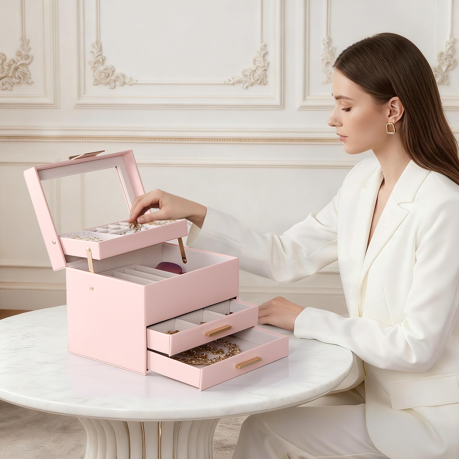 Luxury Jewelry Storage Case with Auto-Lift Tray & Drawers