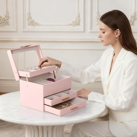 Luxury Jewelry Storage Case with Auto-Lift Tray & Drawers