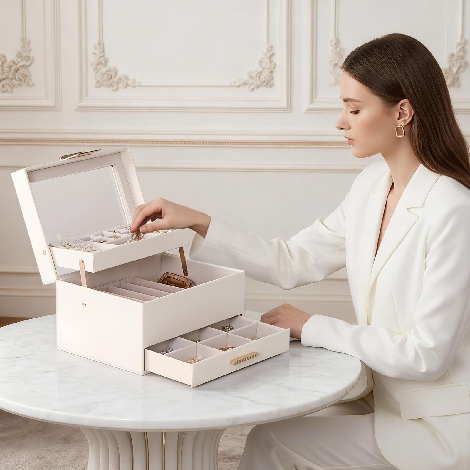 Luxury Jewelry Storage Case with Auto-Lift Tray & Drawers