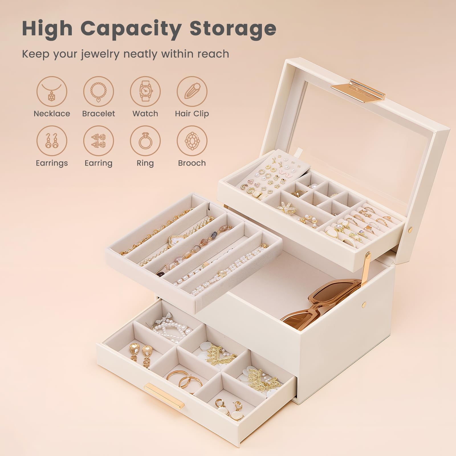 Luxury Jewelry Storage Case with Auto-Lift Tray & Drawers