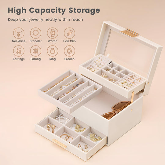 Luxury Jewelry Storage Case with Auto-Lift Tray & Drawers