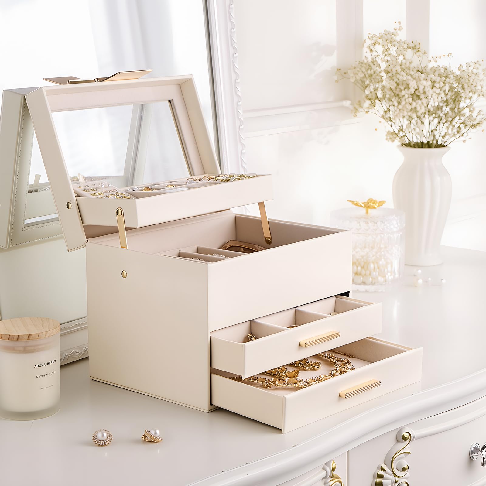 Luxury Jewelry Storage Case with Auto-Lift Tray & Drawers