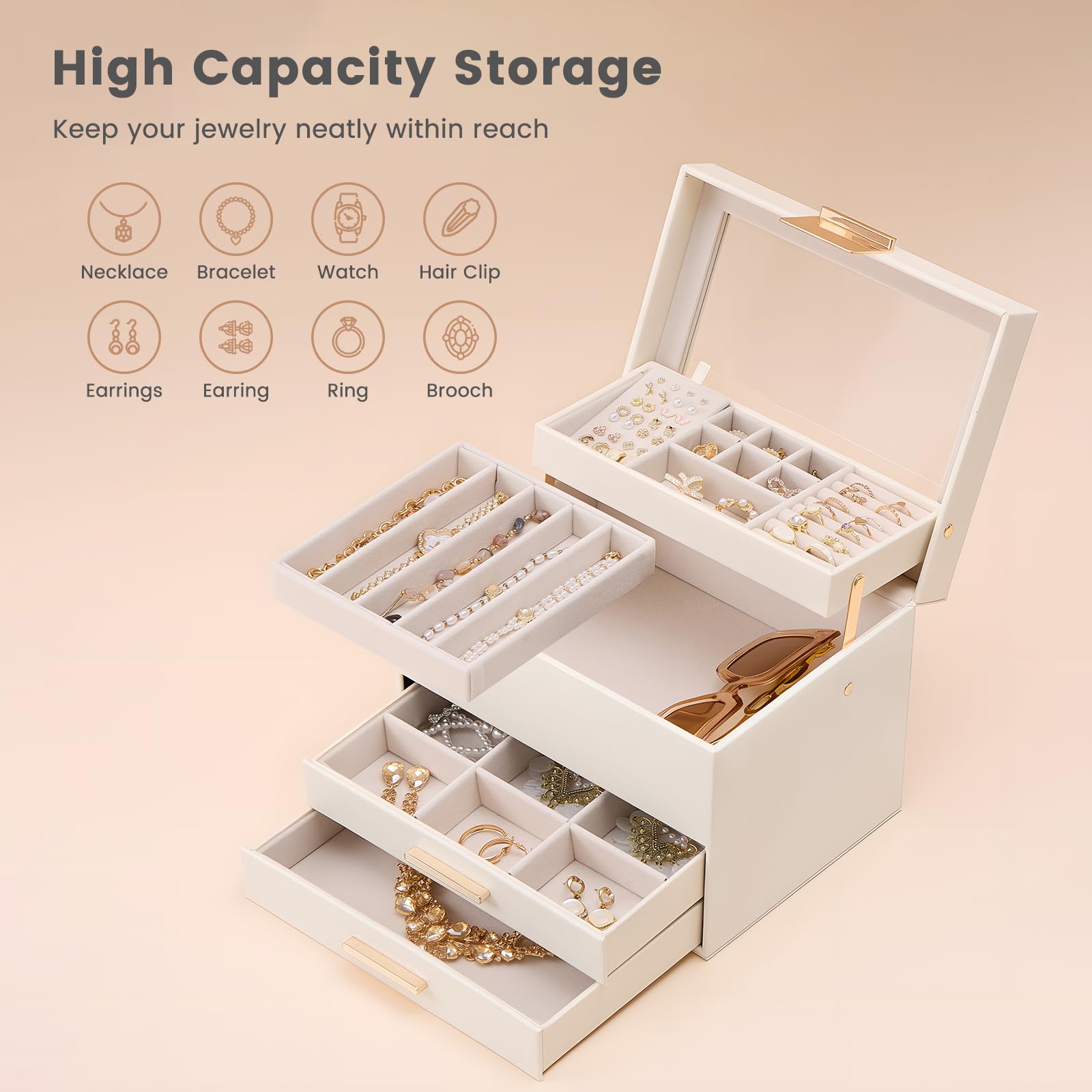 Luxury Jewelry Storage Case with Auto-Lift Tray & Drawers