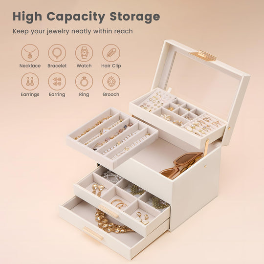 Luxury Jewelry Storage Case with Auto-Lift Tray & Drawers