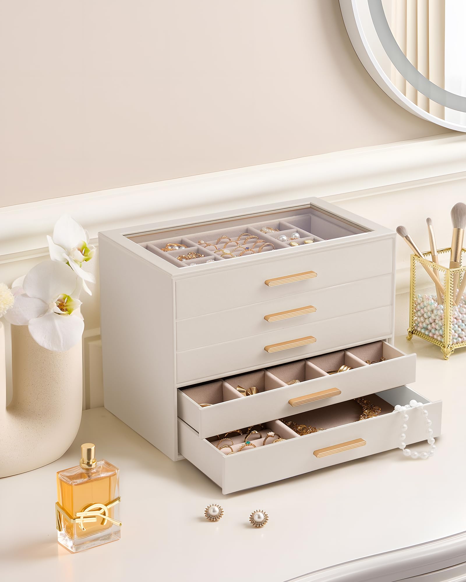 Luxury Leather Jewelry Organizer Box - Multi-Layer Drawers & Glass Lid