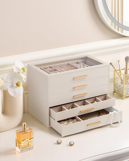 Luxury Leather Jewelry Organizer Box - Multi-Layer Drawers & Glass Lid