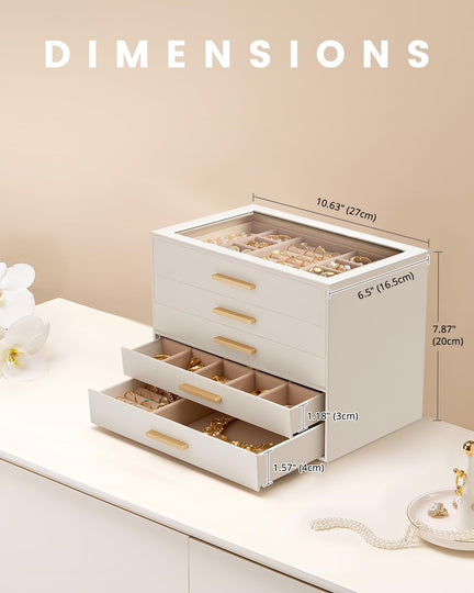 Luxury Leather Jewelry Organizer Box - Multi-Layer Drawers & Glass Lid