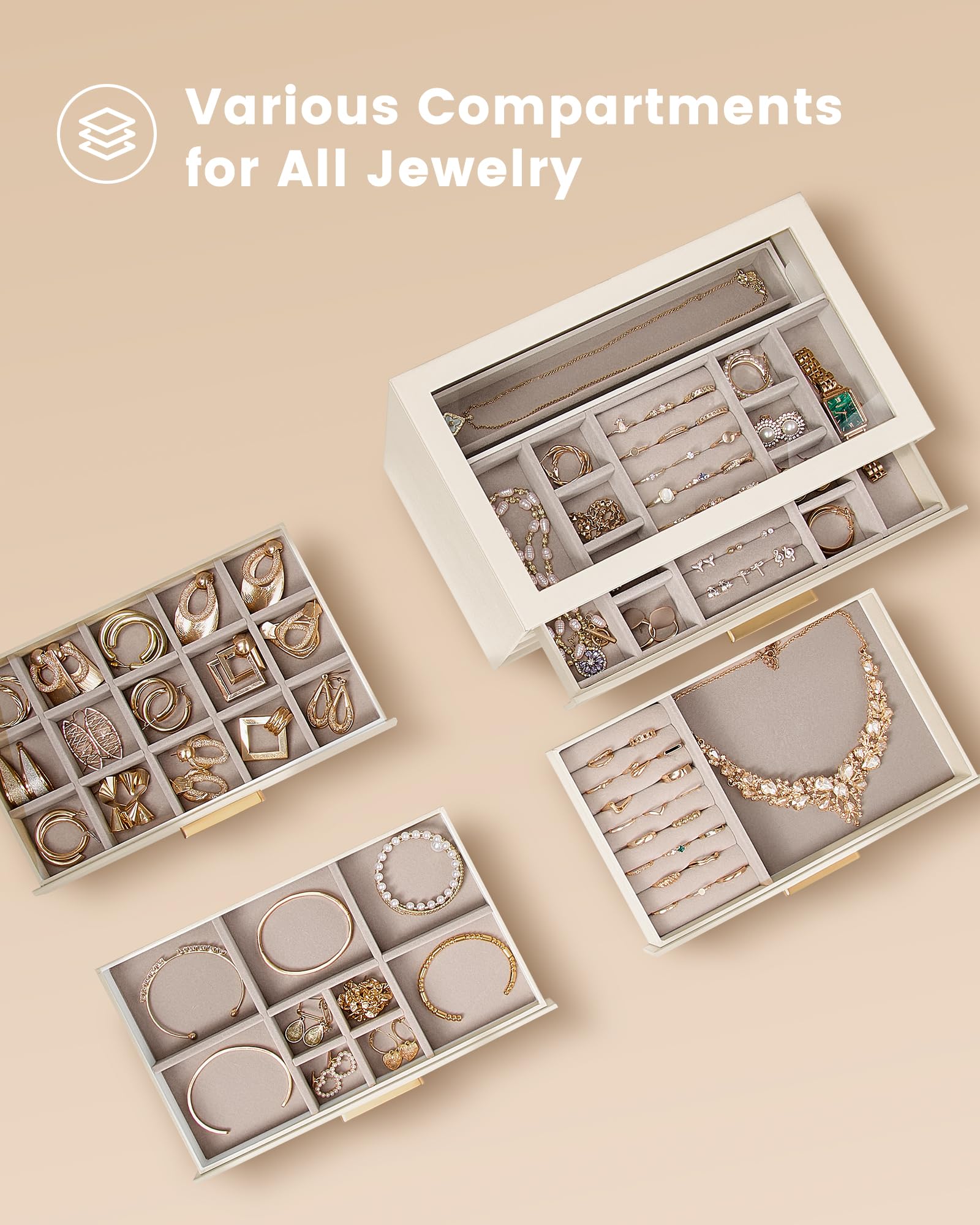 Luxury Leather Jewelry Organizer Box - Multi-Layer Drawers & Glass Lid