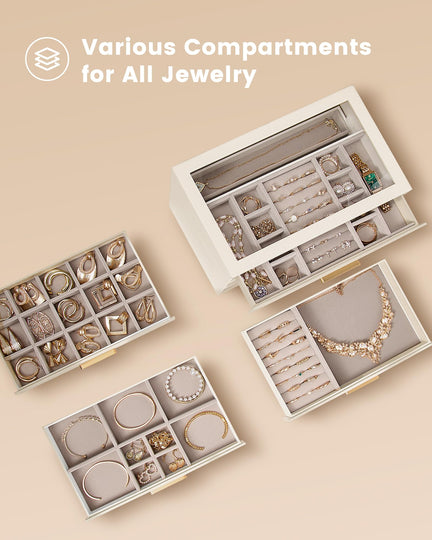 Luxury Leather Jewelry Organizer Box - Multi-Layer Drawers & Glass Lid