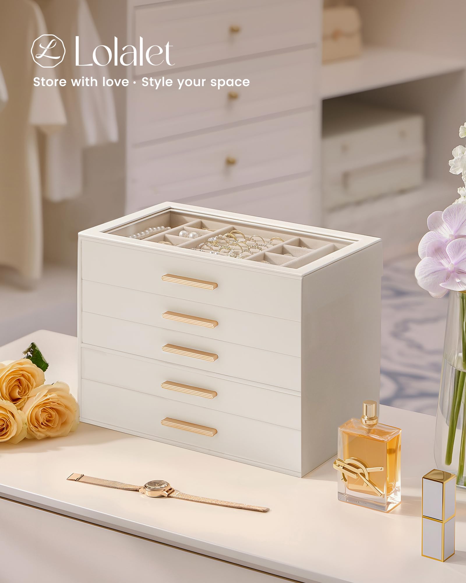 Luxury Leather Jewelry Organizer Box - Multi-Layer Drawers & Glass Lid