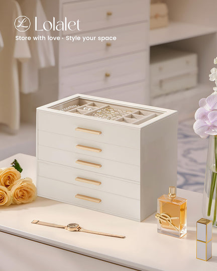 Luxury Leather Jewelry Organizer Box - Multi-Layer Drawers & Glass Lid