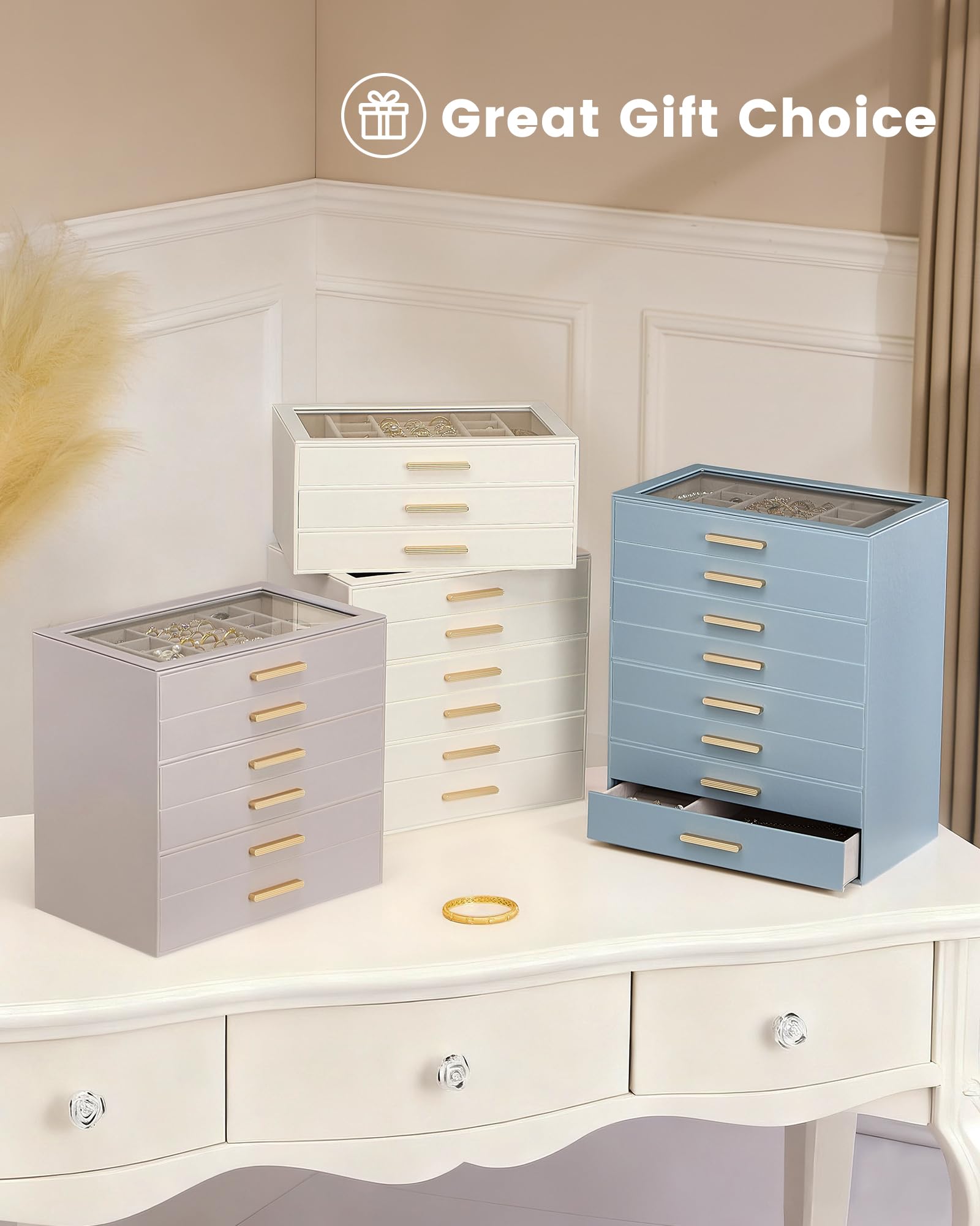 Luxury Leather Jewelry Organizer Box - Multi-Layer Drawers & Glass Lid