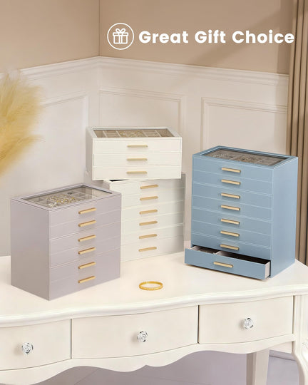 Luxury Leather Jewelry Organizer Box - Multi-Layer Drawers & Glass Lid