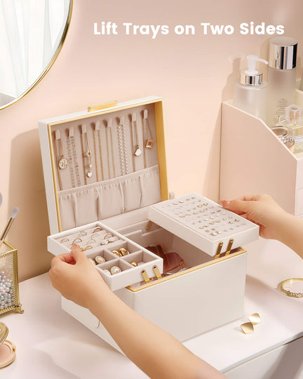 Large Jewelry Box Organizer with Two Foldable & Expandable Trays