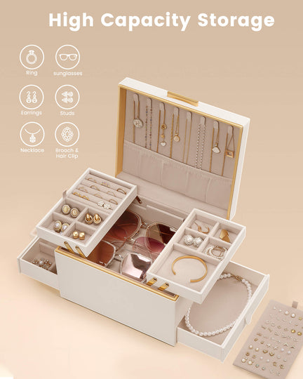 Large Jewelry Box Organizer with Two Foldable & Expandable Trays