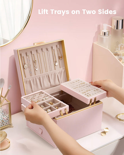 Large Jewelry Box Organizer with Two Foldable & Expandable Trays