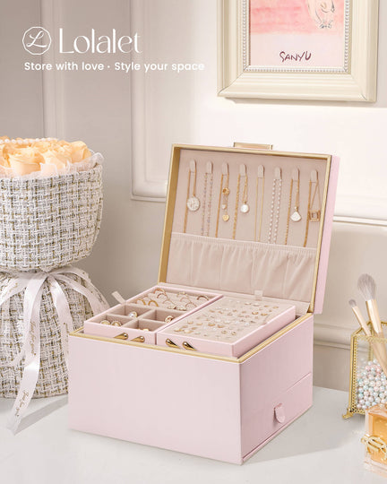 Large Jewelry Box Organizer with Two Foldable & Expandable Trays