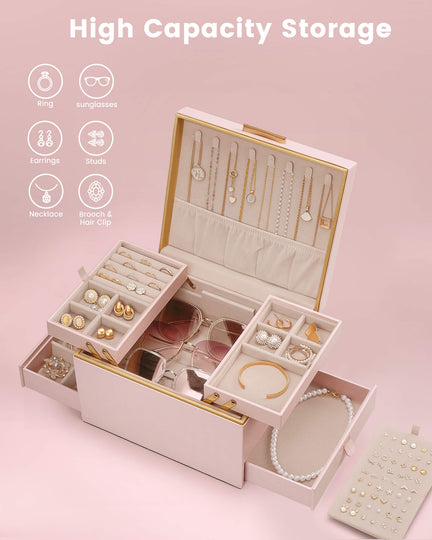 Large Jewelry Box Organizer with Two Foldable & Expandable Trays
