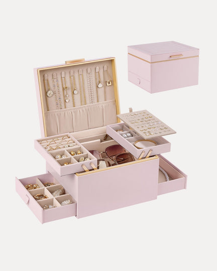 Large Jewelry Box Organizer with Two Foldable & Expandable Trays