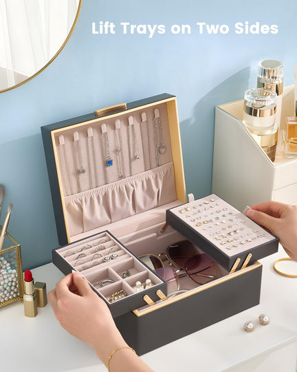 Large Jewelry Box Organizer with Two Foldable & Expandable Trays