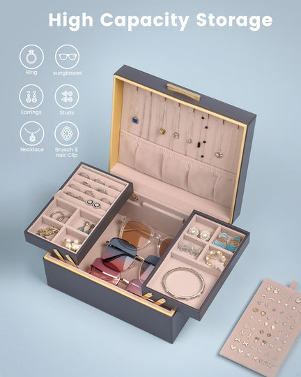 Large Jewelry Box Organizer with Two Foldable & Expandable Trays