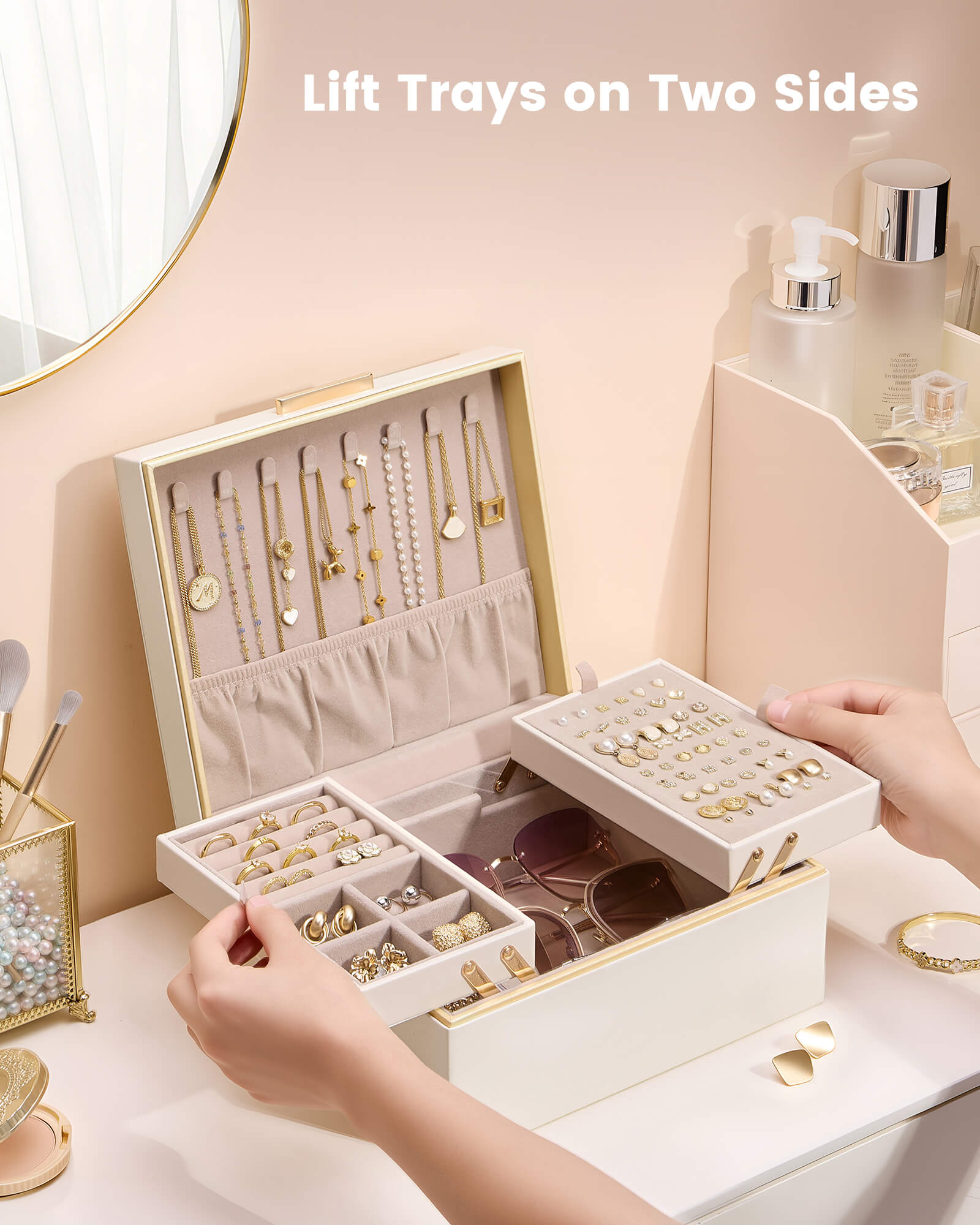 Large Jewelry Box Organizer with Two Foldable & Expandable Trays