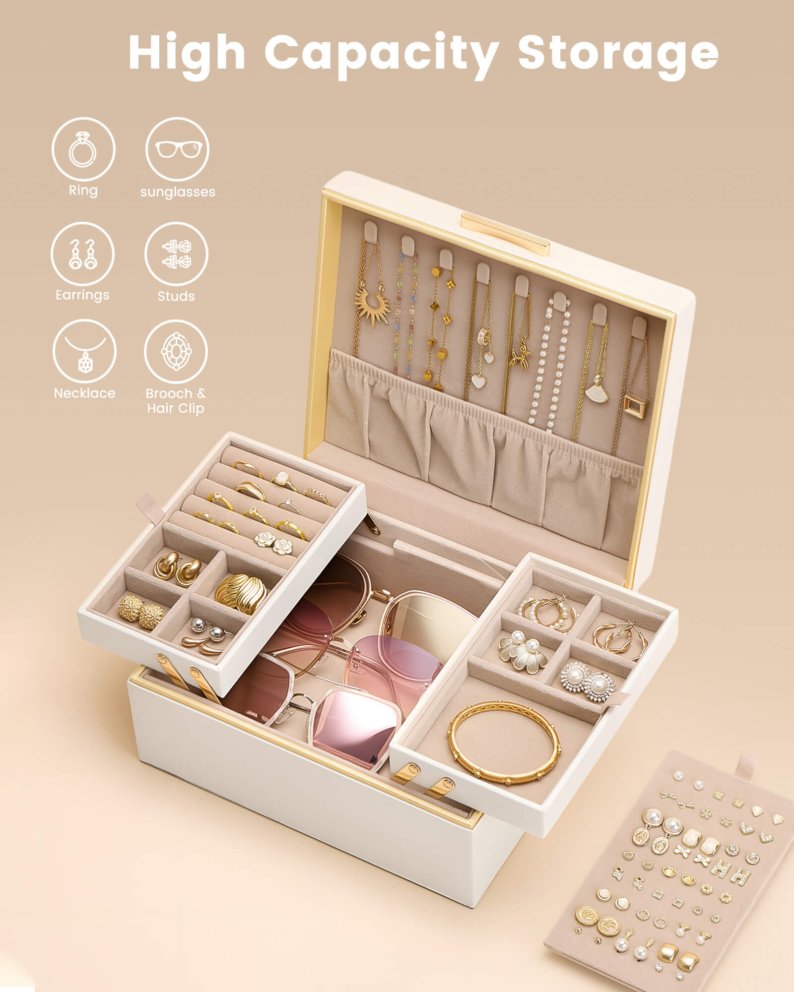 Large Jewelry Box Organizer with Two Foldable & Expandable Trays