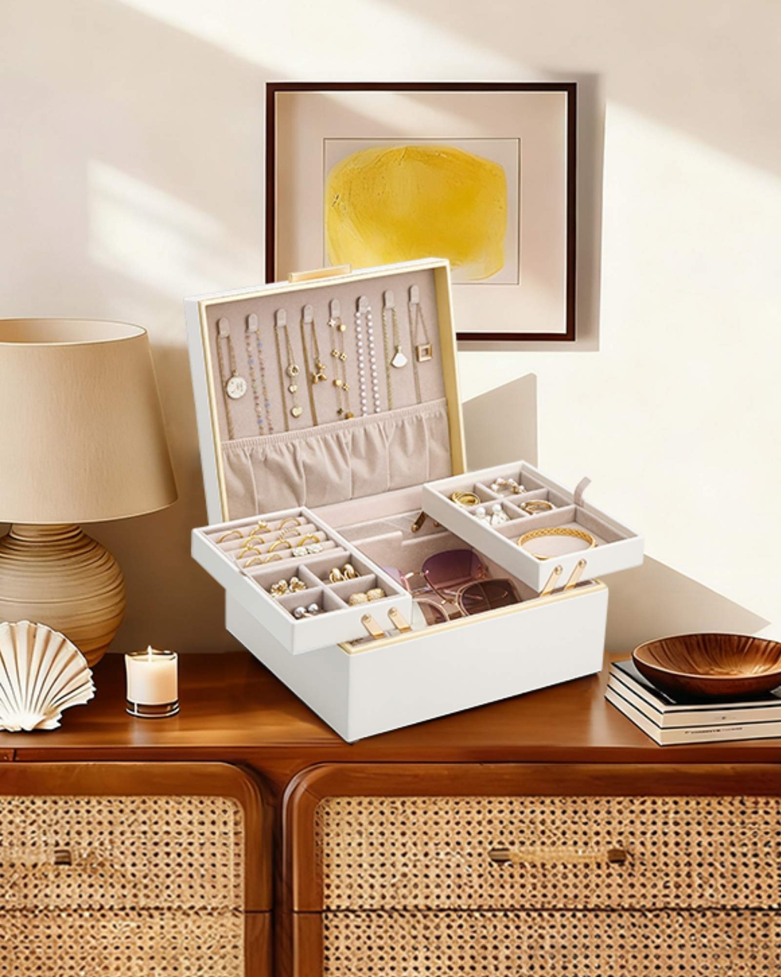 Large Jewelry Box Organizer with Two Foldable & Expandable Trays