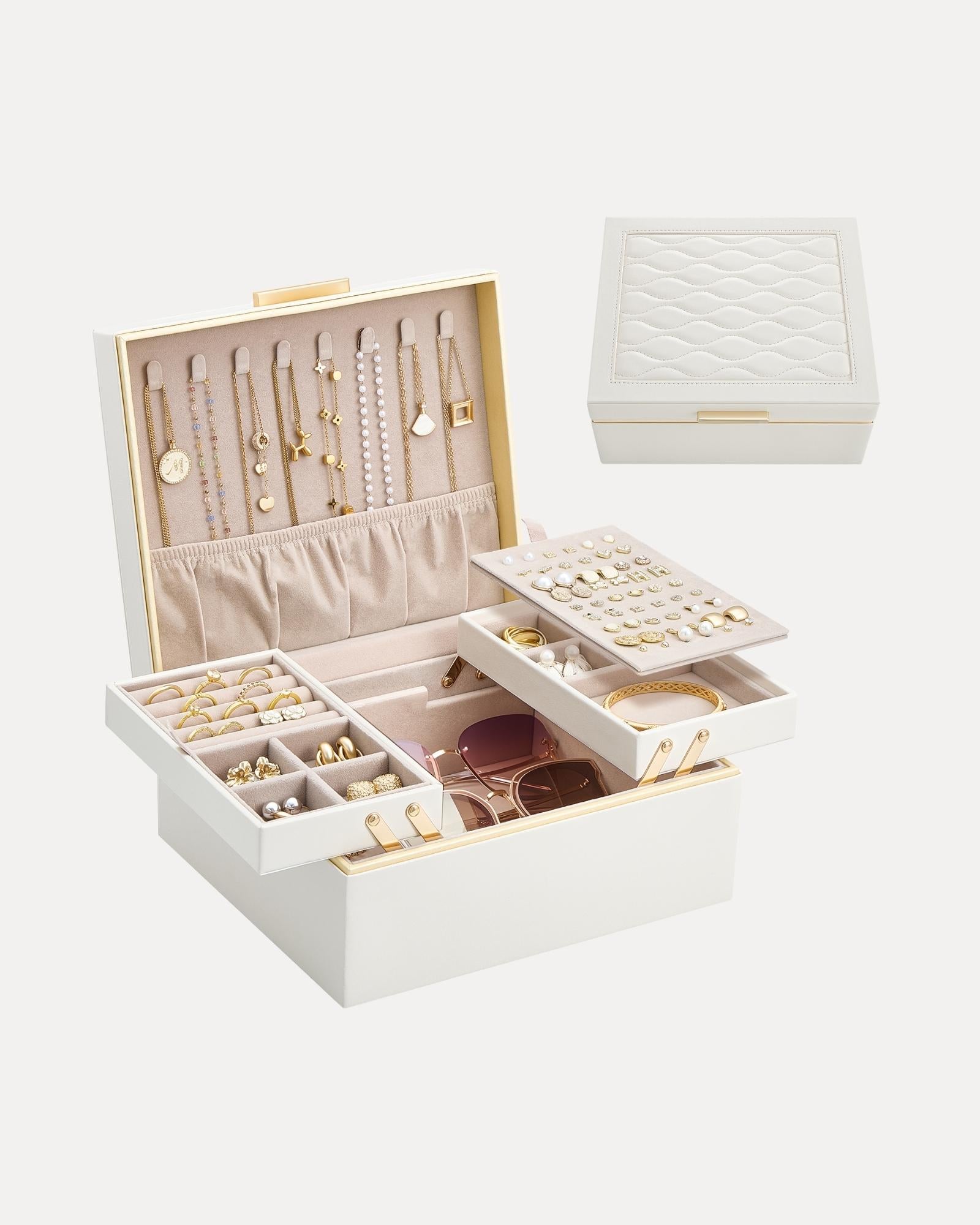 Large Jewelry Box Organizer with Two Foldable & Expandable Trays